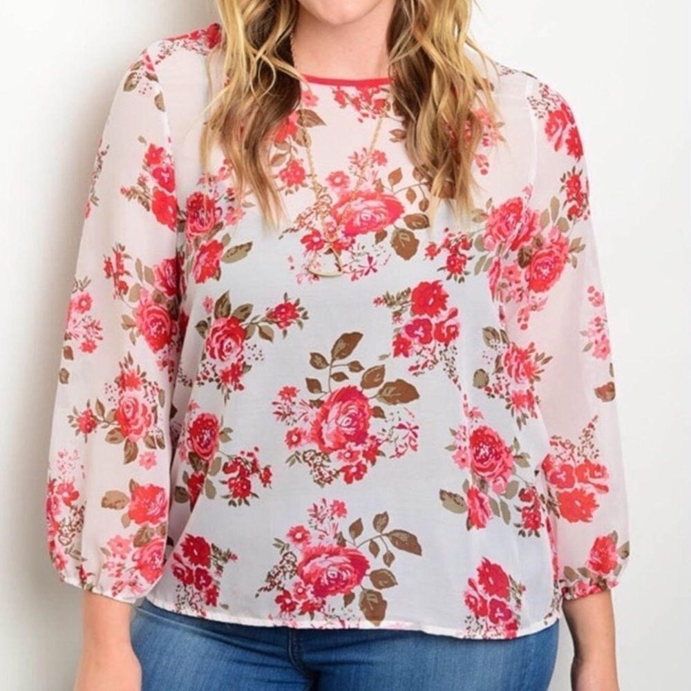 White Round Neckline Pink Floral Long Sleeve Lightweight Mesh Top NEW